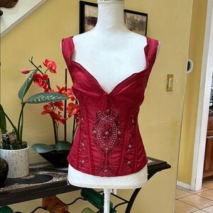 Women’s Boho Gypsy Red Silk Beaded Sequins Embellished Corset Sz XL